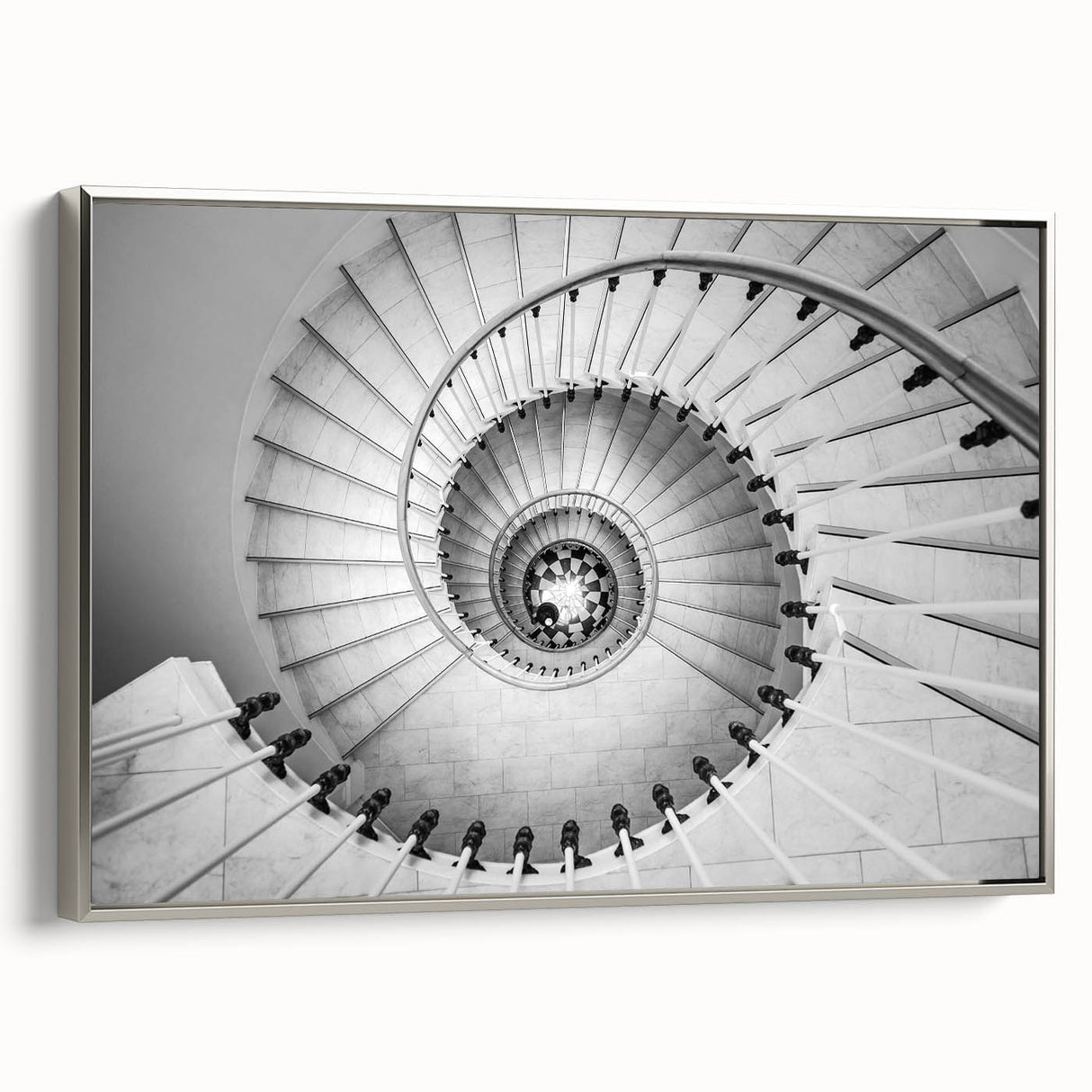 Framed canvas featuring a black and white vintage staircase design, ideal for modern office decor.