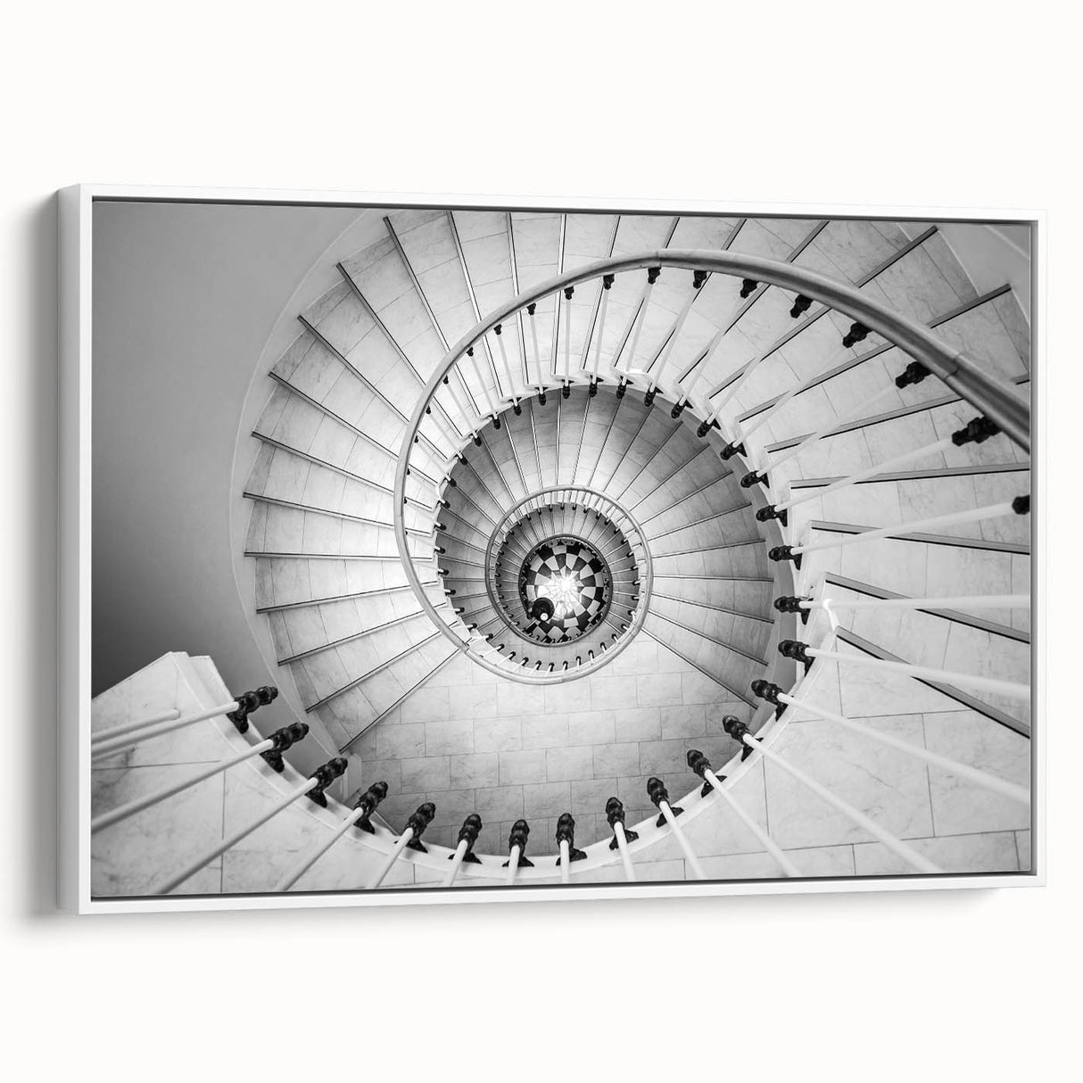 Framed canvas featuring a vintage poster art of a spiral staircase in black and white, ideal for living room decor.