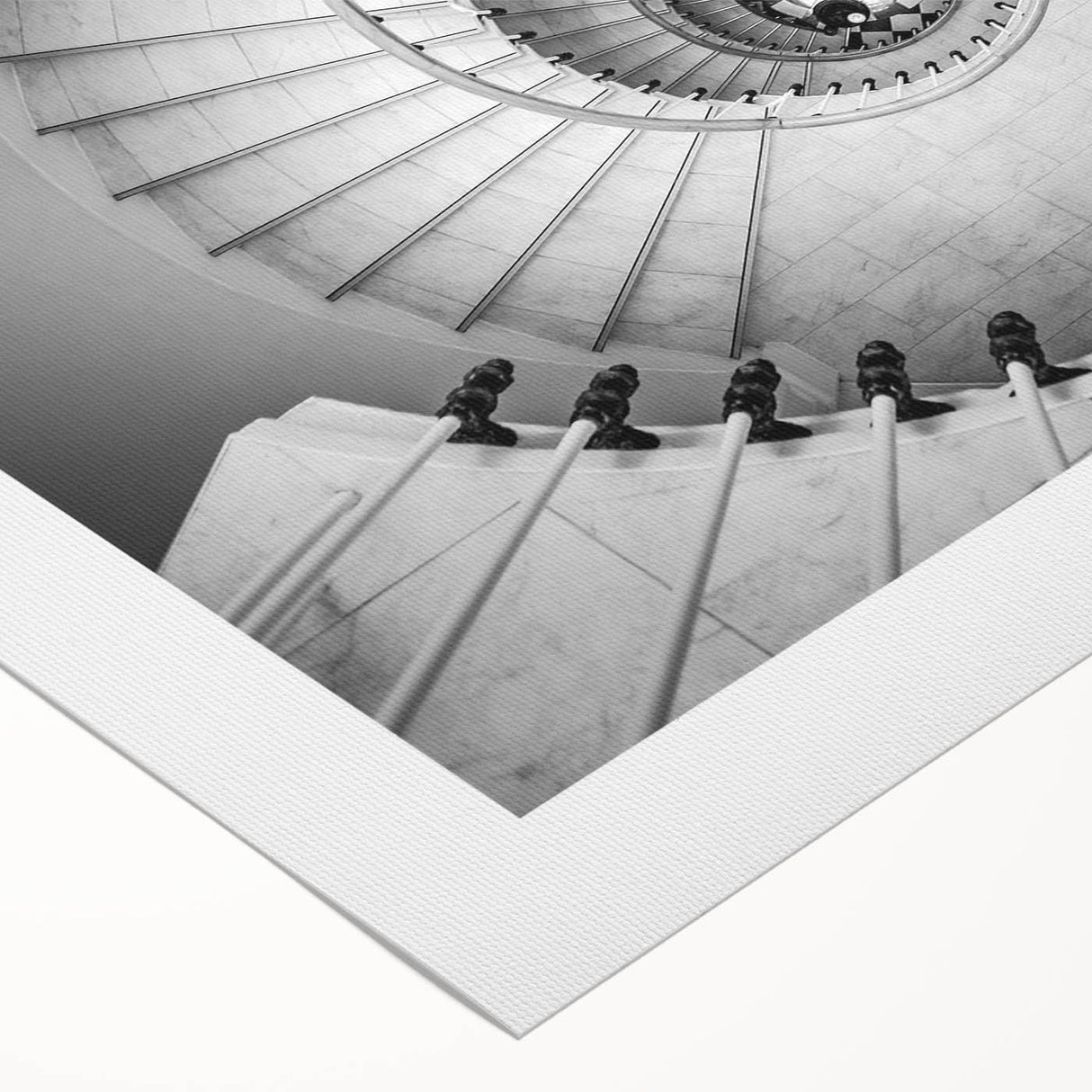 Art Deco poster featuring a spiral staircase in monochrome, printed on rolled canvas.
