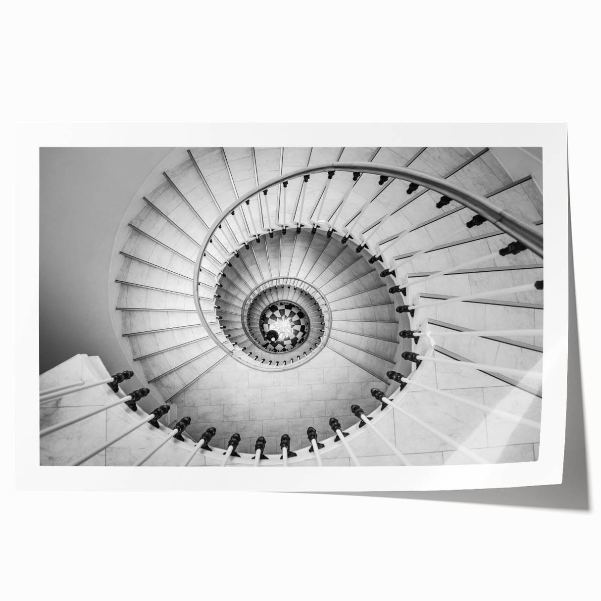 Spiral staircase design in grayscale on rolled canvas, ideal for art wall dining room placement.