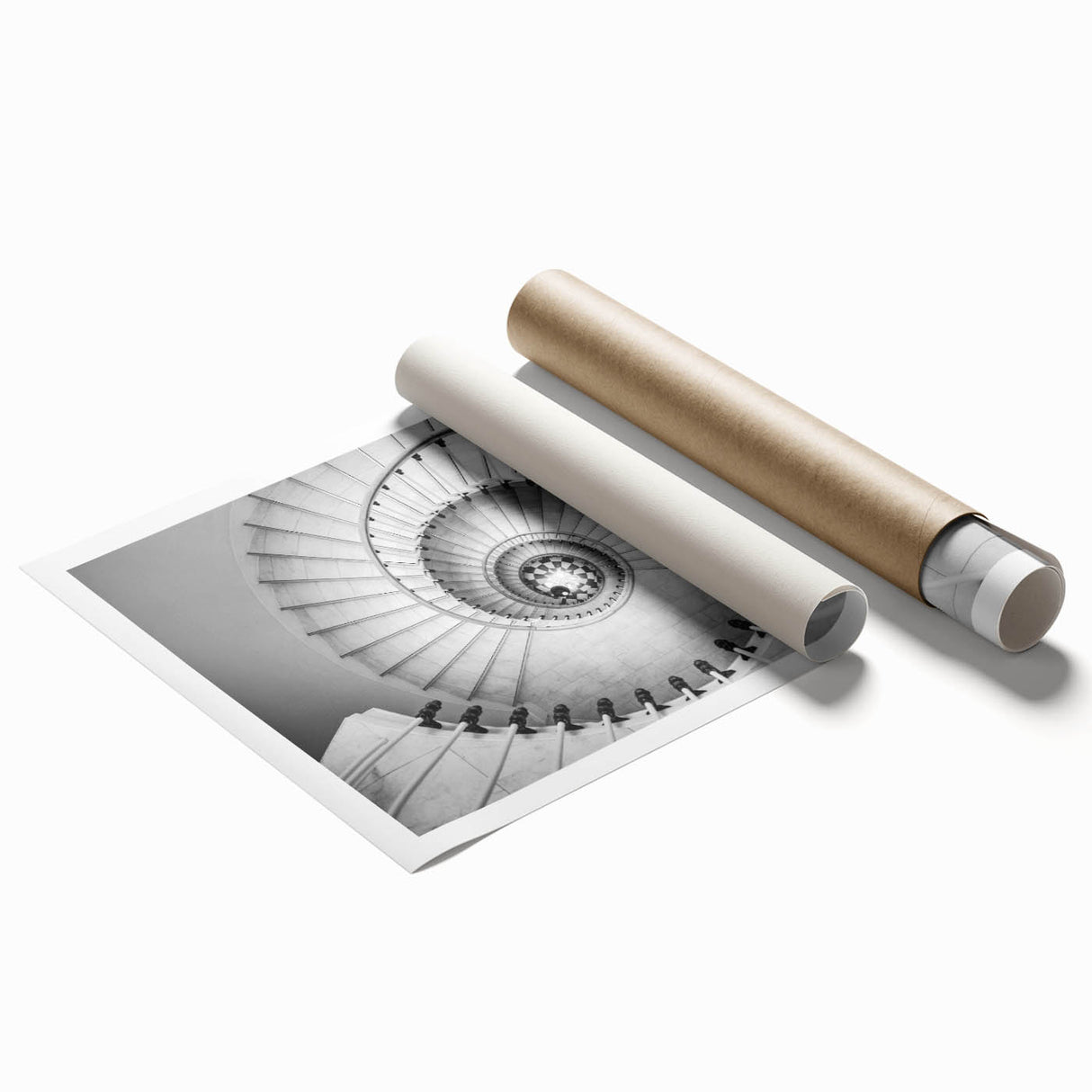 Extra large rolled print featuring a spiral staircase in muted gray tones, ideal for classy bathroom wall decor.
