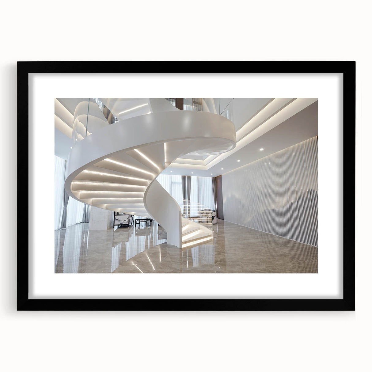 Extra large abstract art print featuring a colorful, textured depiction of a spiral staircase, framed with a black mat.