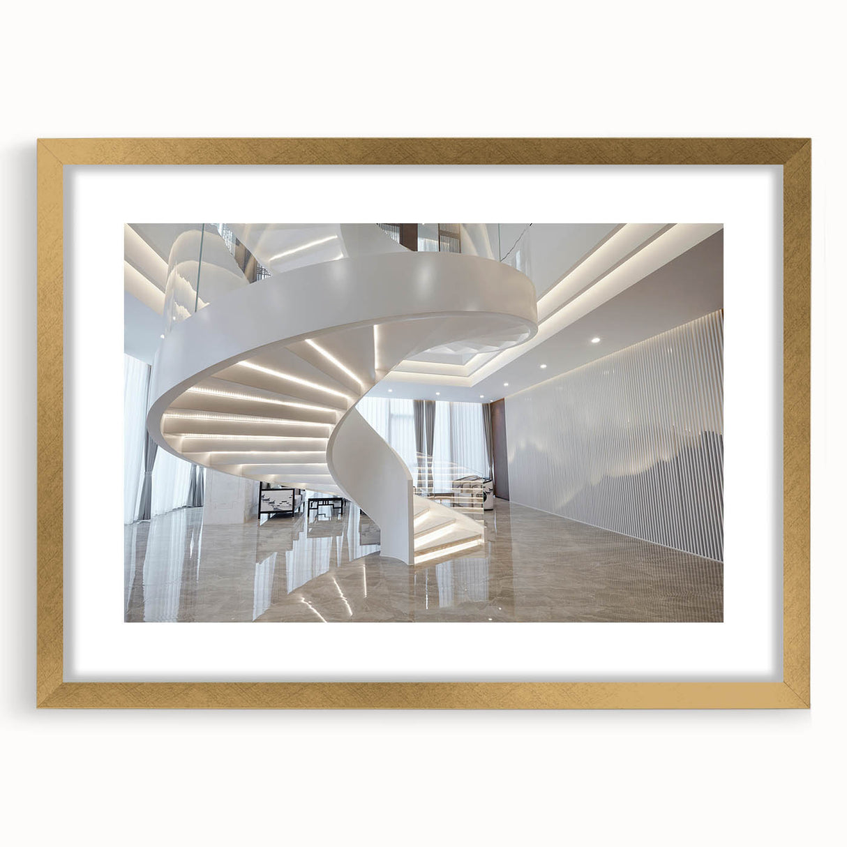 Extra large abstract art print featuring a textured staircase design in gold tones, framed with a mat.