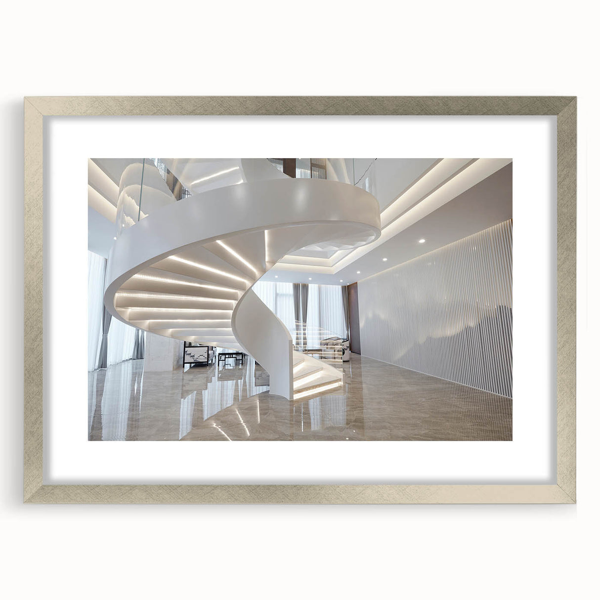 Textured art print of an abstract staircase in silver frame, featuring cool gray and white tones.
