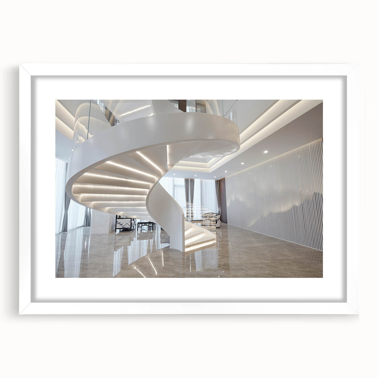 Abstract art print of a spiral staircase in monochrome, framed in white, suitable for bedroom or dining room decor.