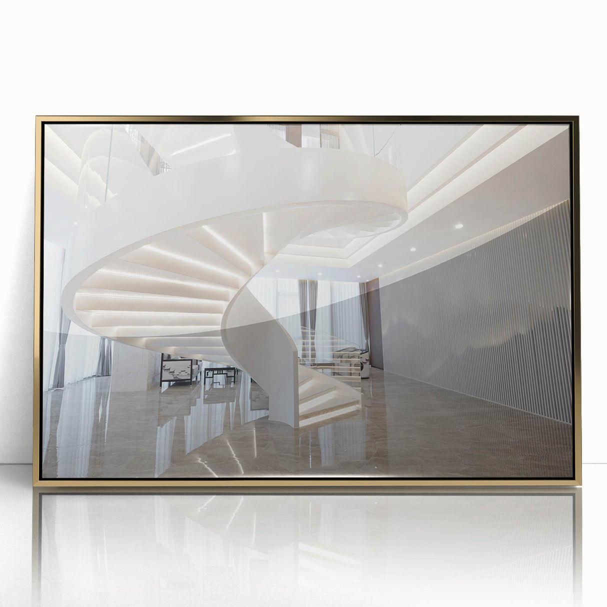 Mid-century modernist acrylic print of an architectural staircase in gold and black tones, ideal for modern art wall decor.