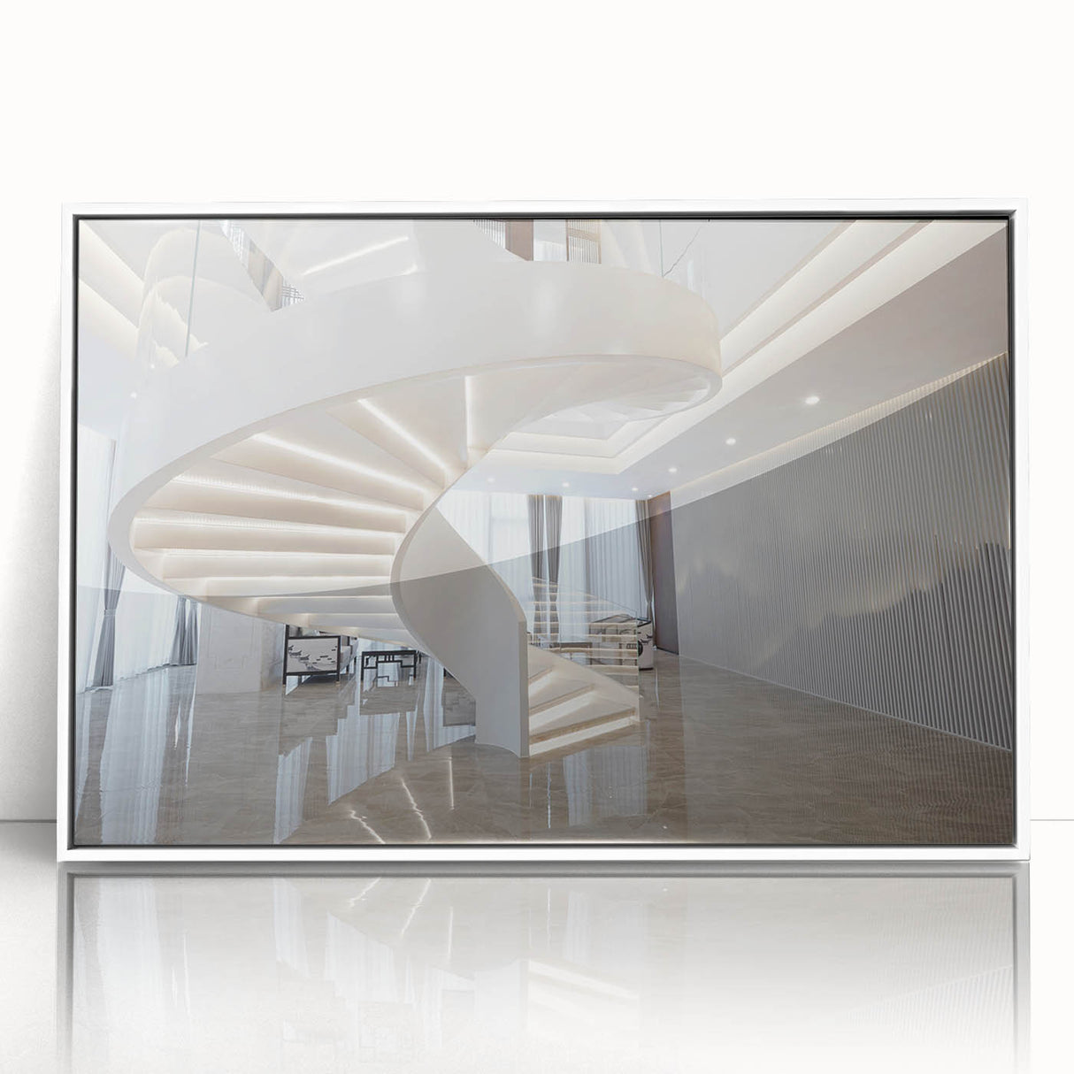 Art Deco poster of a spiral staircase in black and white hues, framed acrylic, suitable for modern art wall decor.