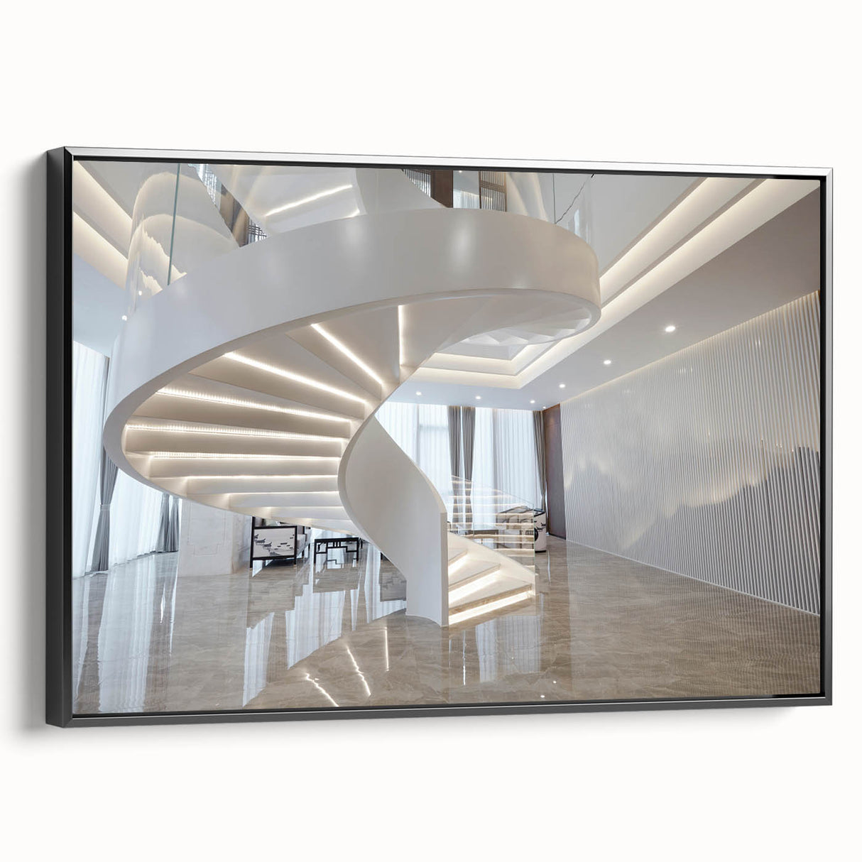 Black and white framed canvas of a spiral staircase, ideal for bedroom wall art in a vintage style.