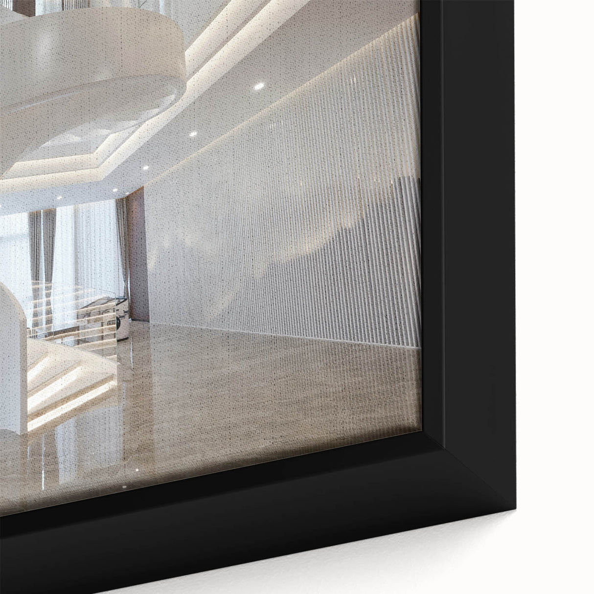 Extra large framed canvas of a black staircase in a colorful, textured abstract style, ideal for living room decor.