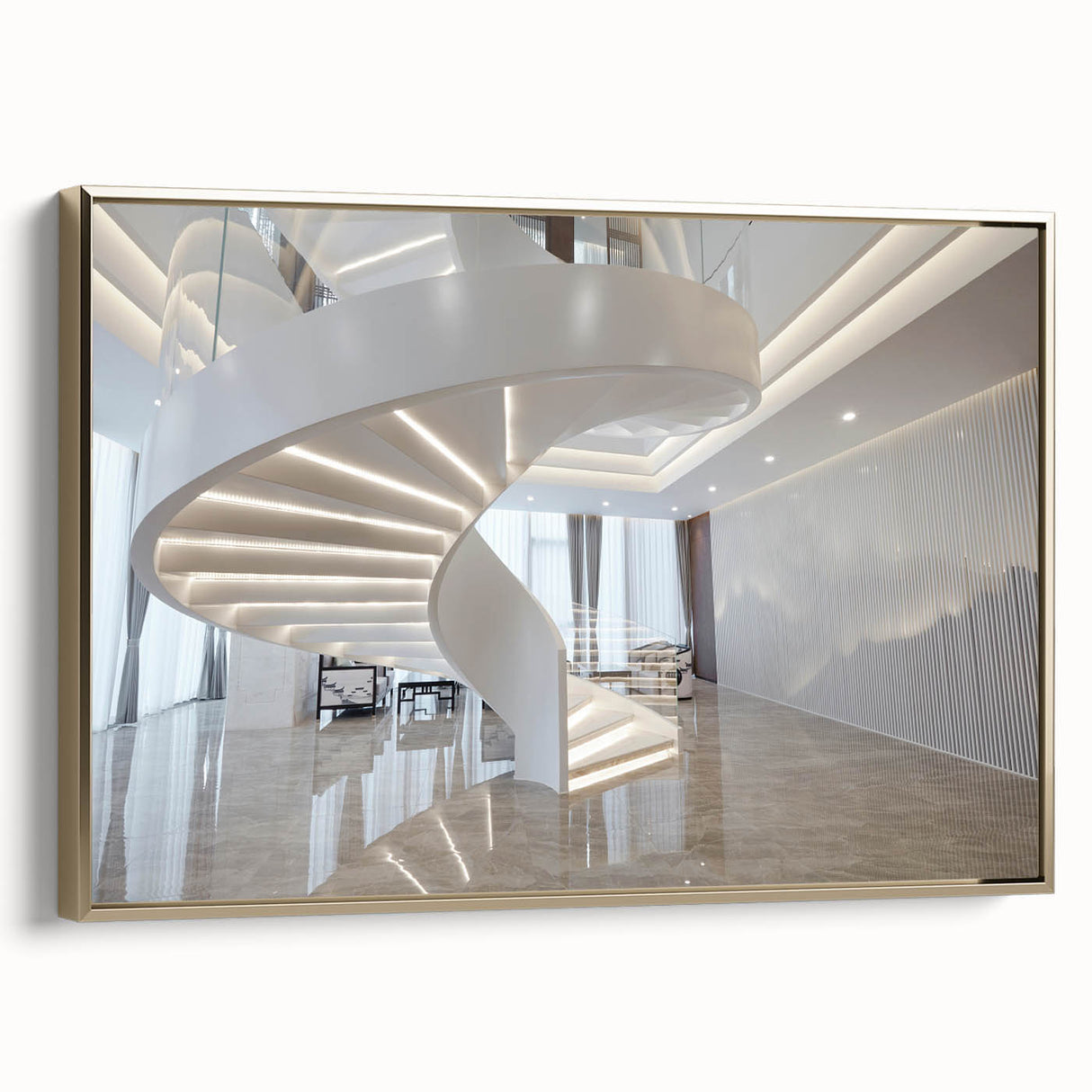 Framed canvas of a vintage poster featuring a black architectural staircase in a landscape format.