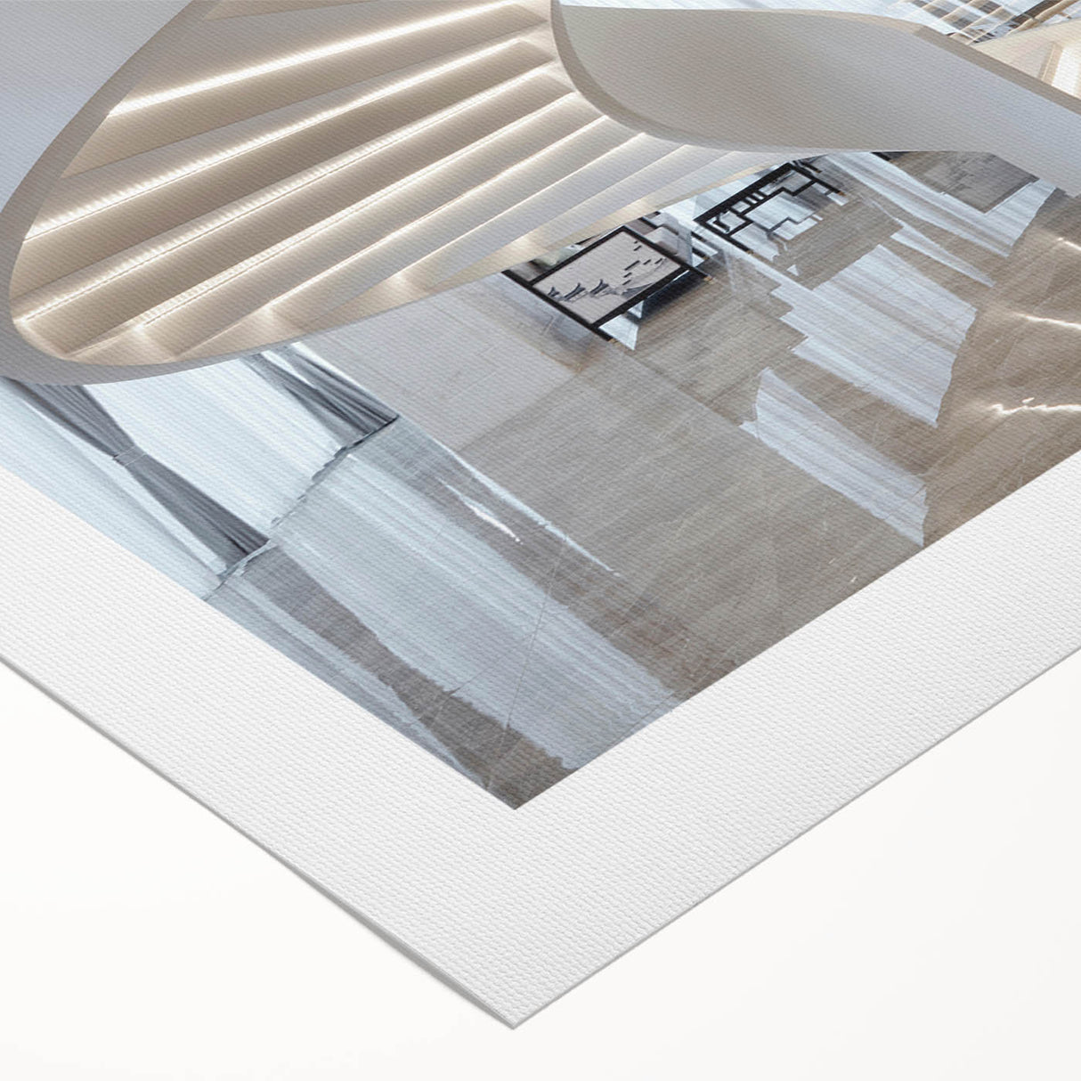 Art Deco poster featuring a spiral staircase in monochrome shades, printed on rolled canvas.