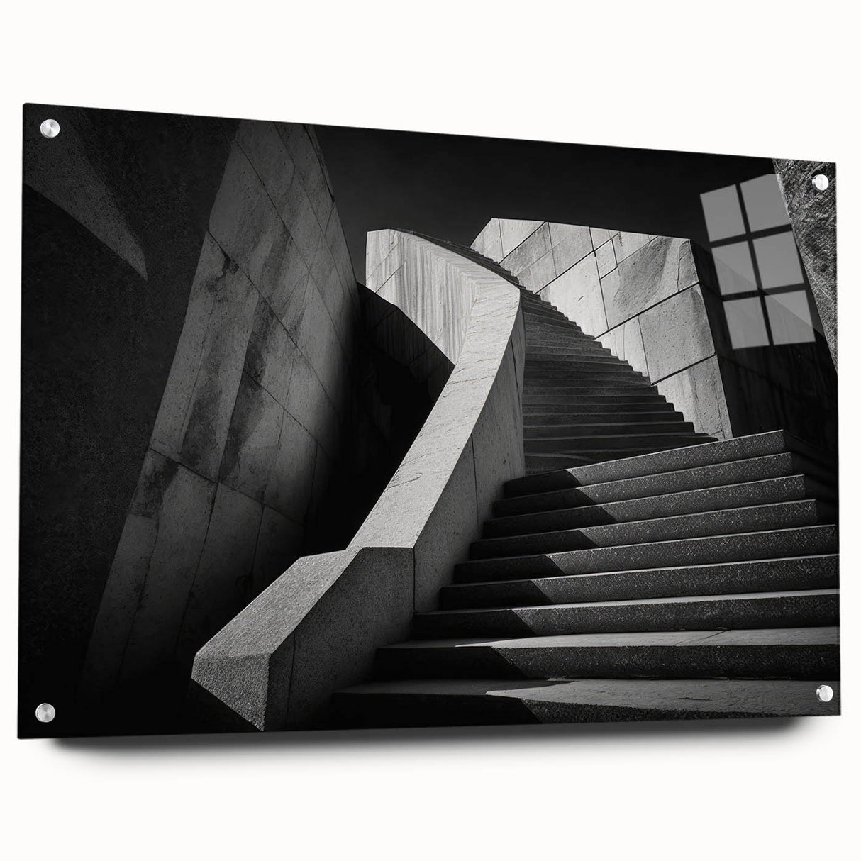 Large abstract wall art featuring a spiral staircase design in monochrome shades, acrylic print.