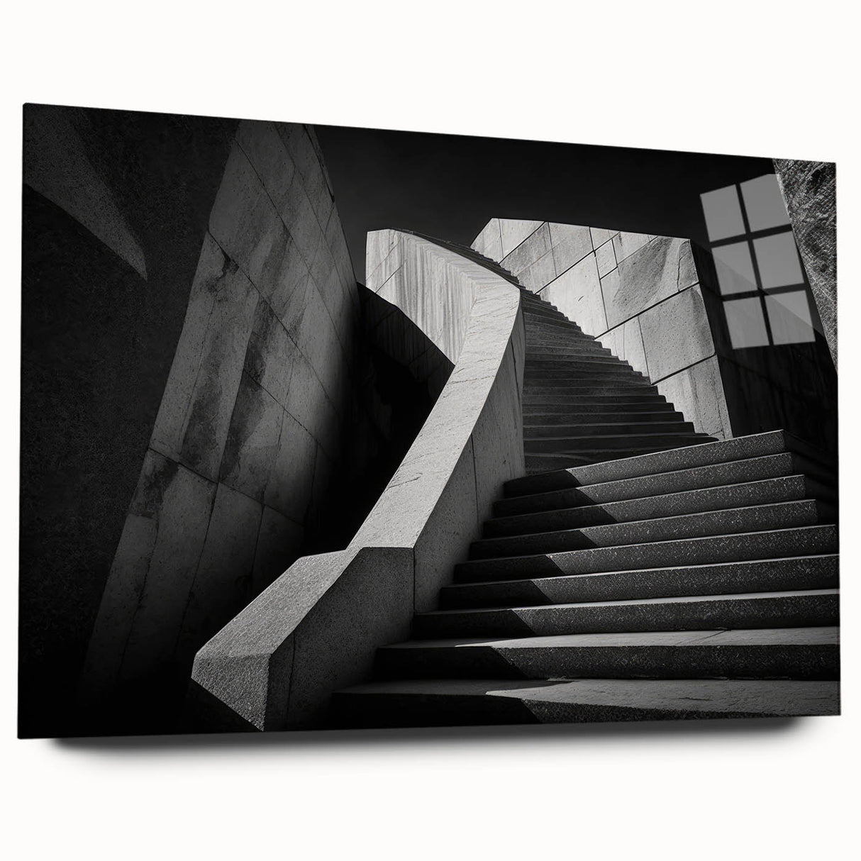 Large abstract wall art of a spiral staircase in muted gray, acrylic print, ideal for bedroom or dining room decor.