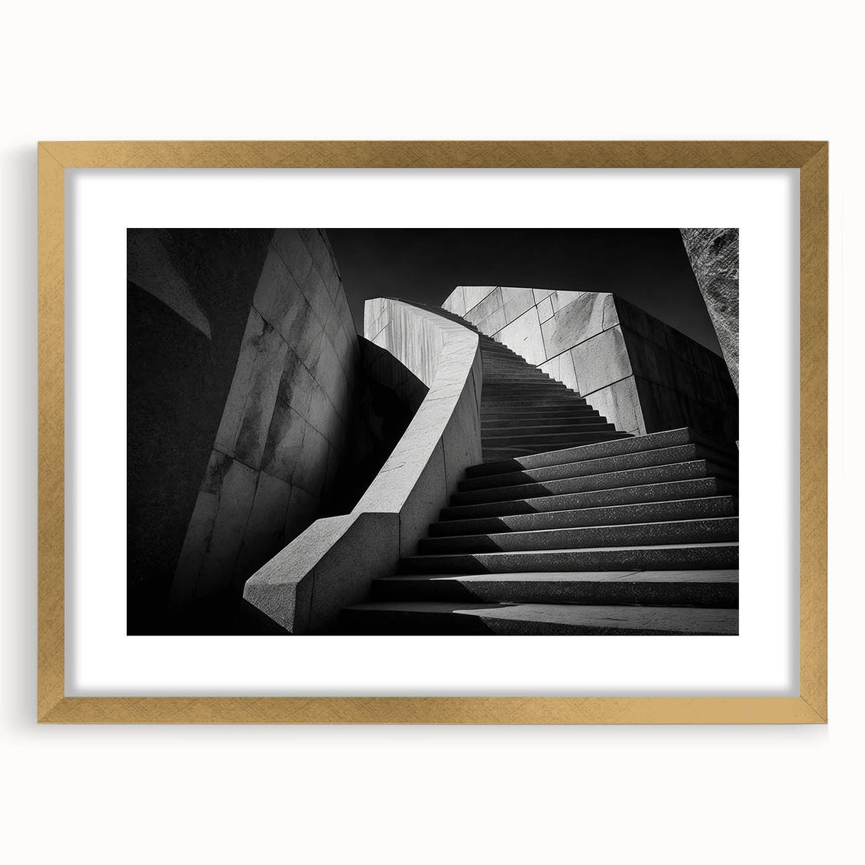 Extra large abstract art print featuring a textured staircase design in muted grays, framed in gold.