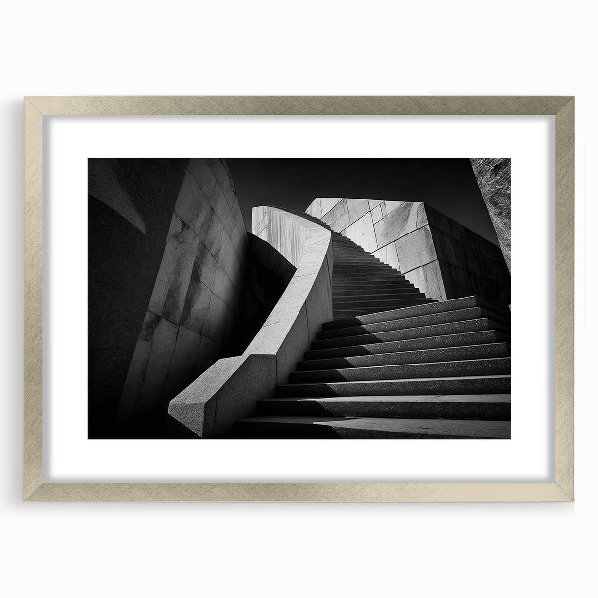 Textured art of an abstract staircase in muted gray tones on a framed silver mat, ideal for modern bedroom decor.