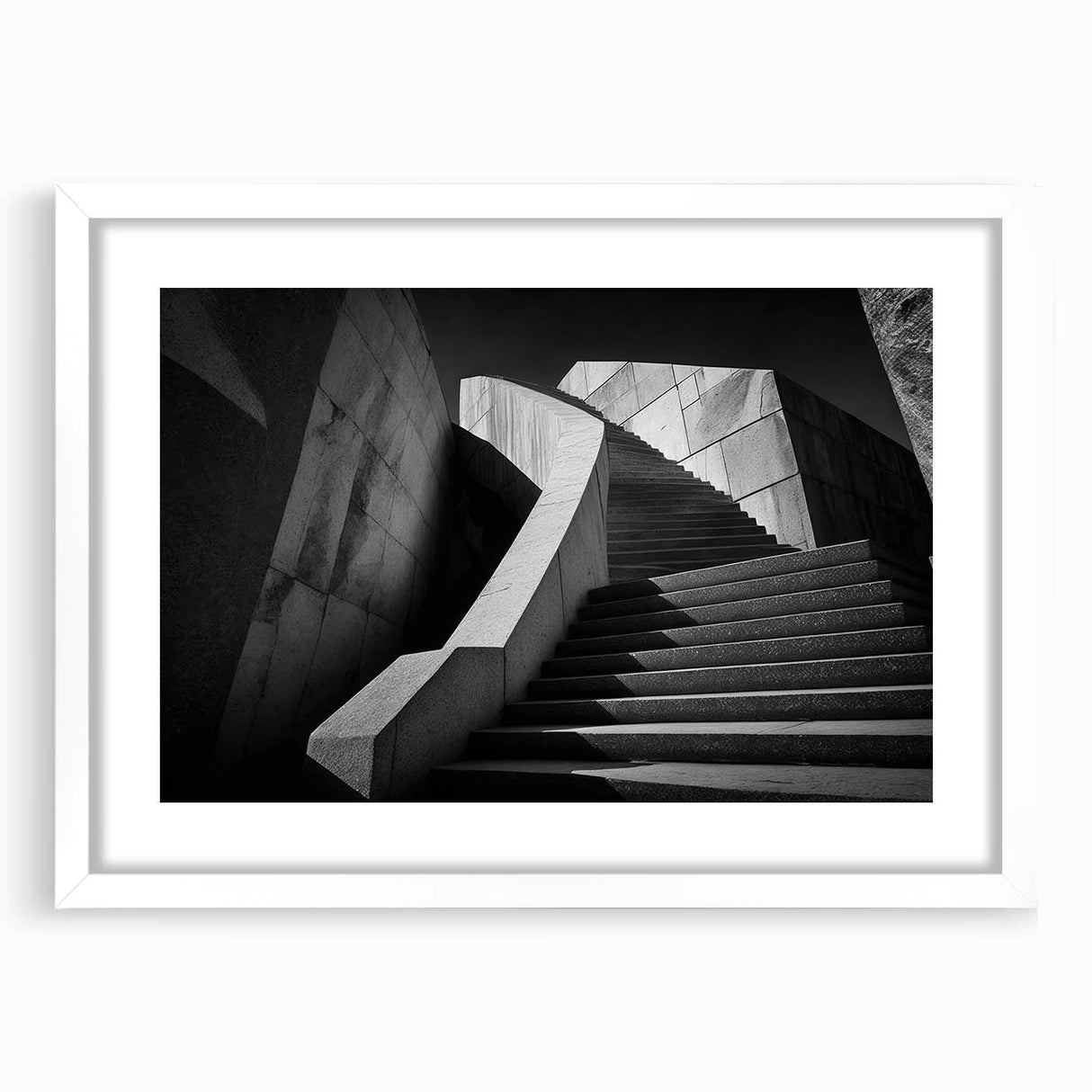 Abstract art print of a spiraling staircase in monochrome, framed with a white mat.