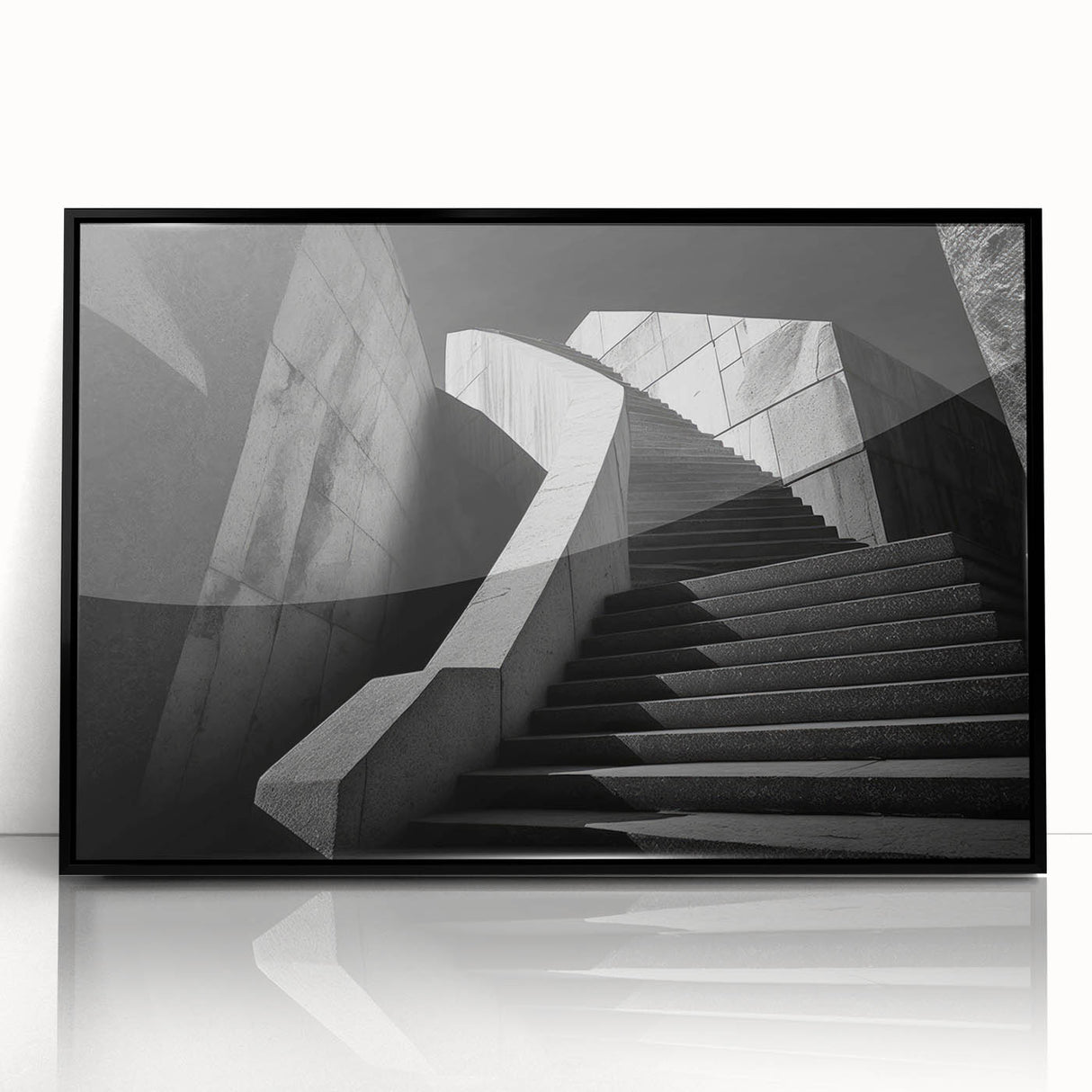 Large abstract wall art featuring a spiral staircase in black and white tones, framed in acrylic.