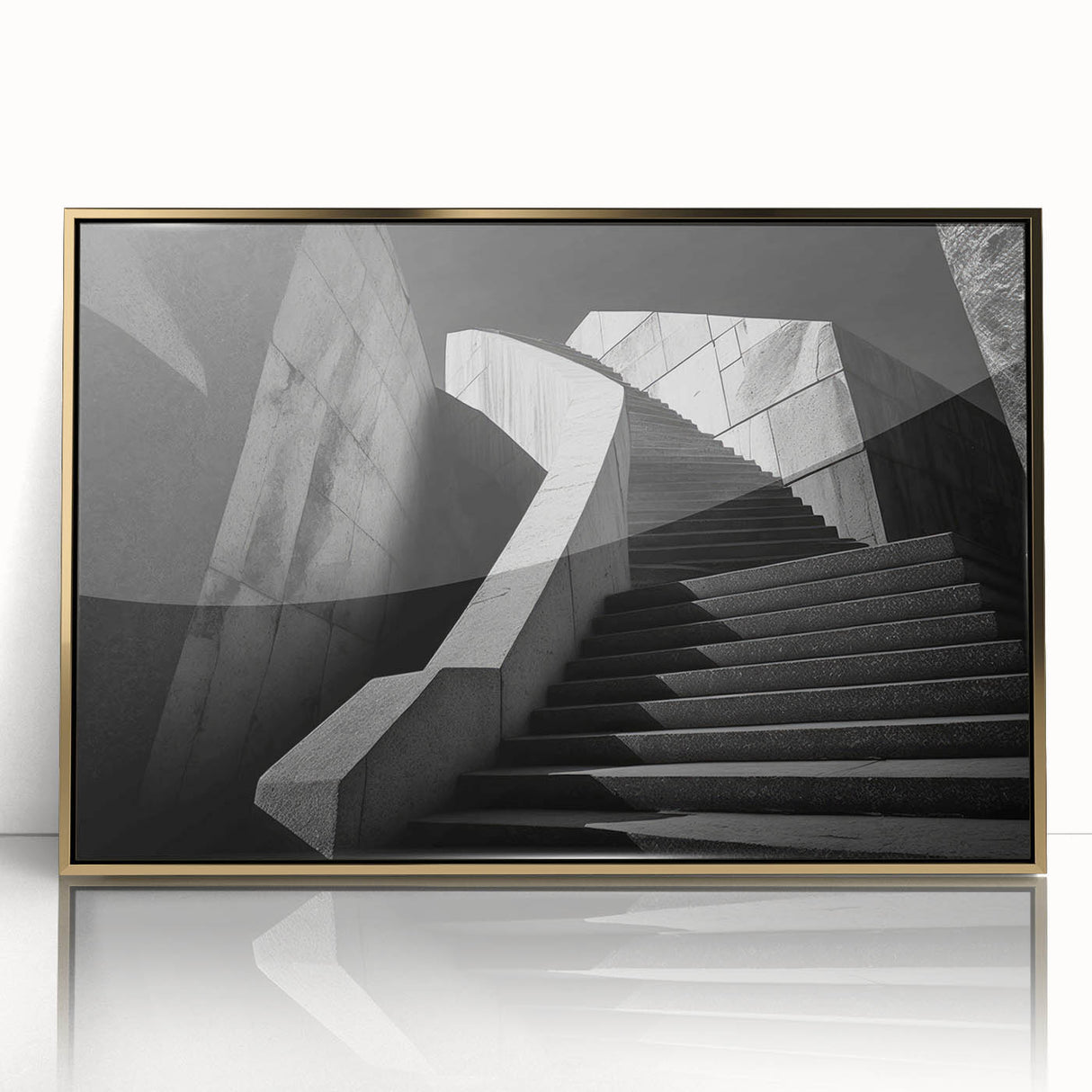 Mid-century modernist spiral staircase in gold and black tones, framed acrylic print, suitable for modern art wall decor.