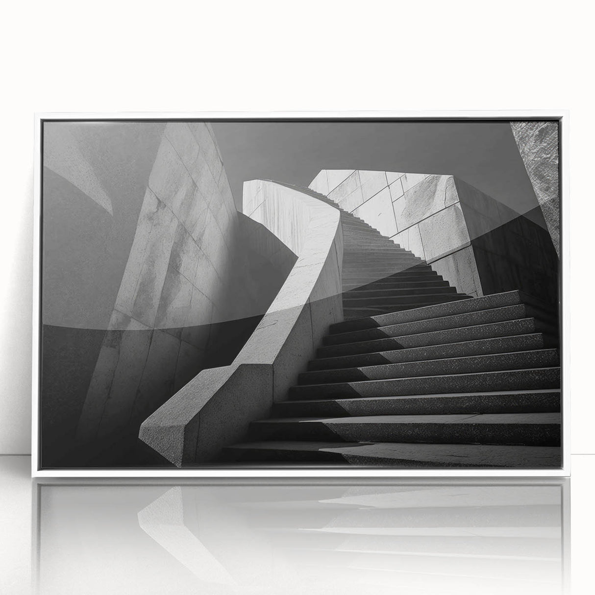 Art Deco poster featuring a geometric staircase design in black and white, framed in acrylic.