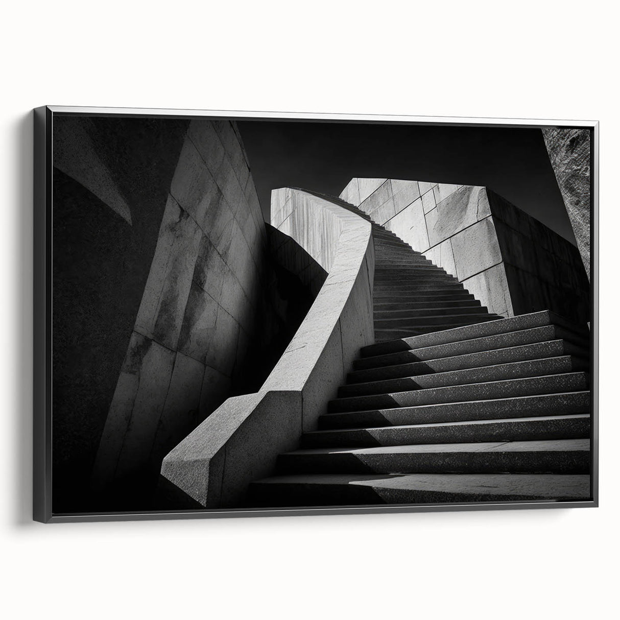 Black and white framed canvas of a spiral staircase, in a vintage poster art style, suitable for bedroom wall decor.