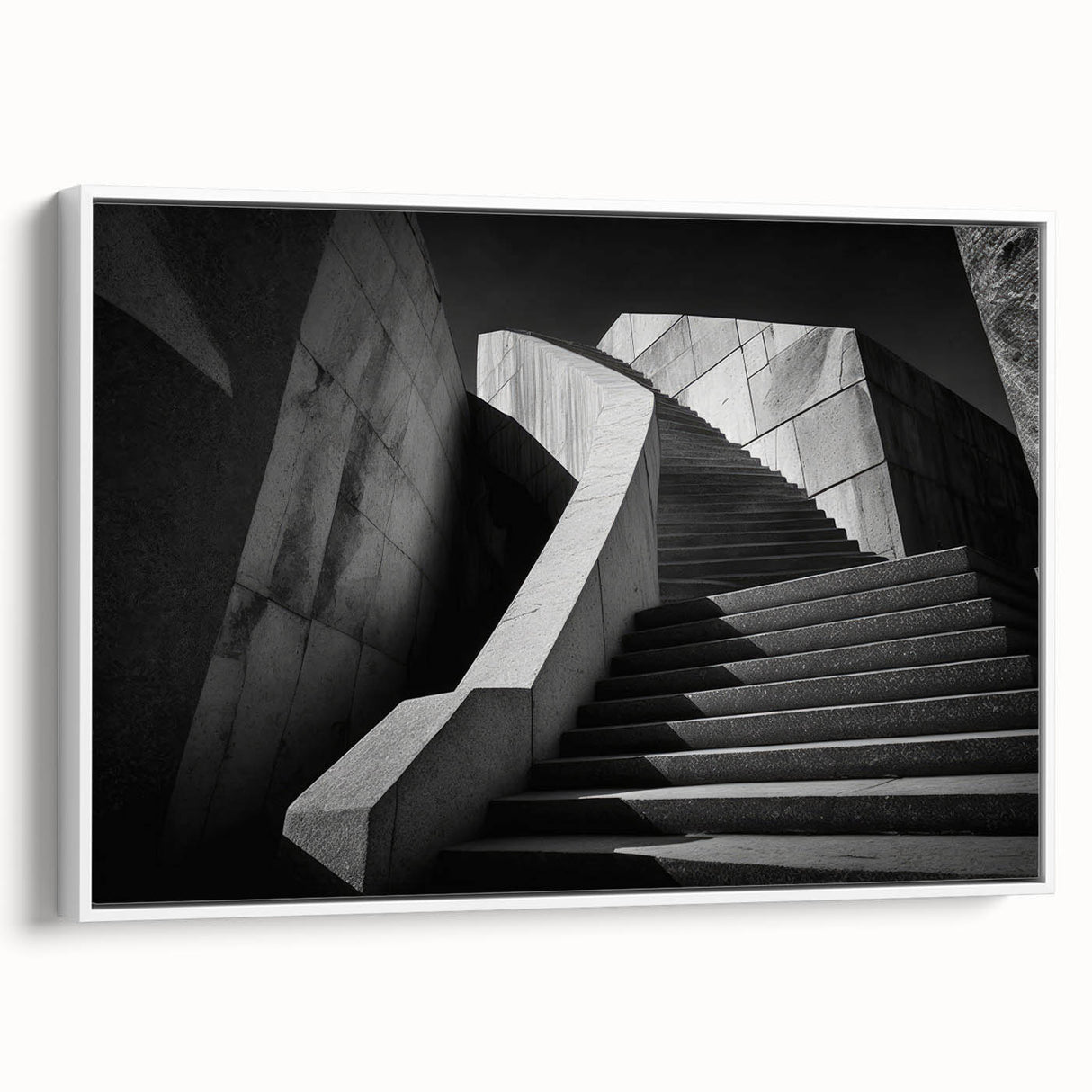 Vintage poster art of a spiraling staircase in monochrome, framed canvas, ideal for living room decor.