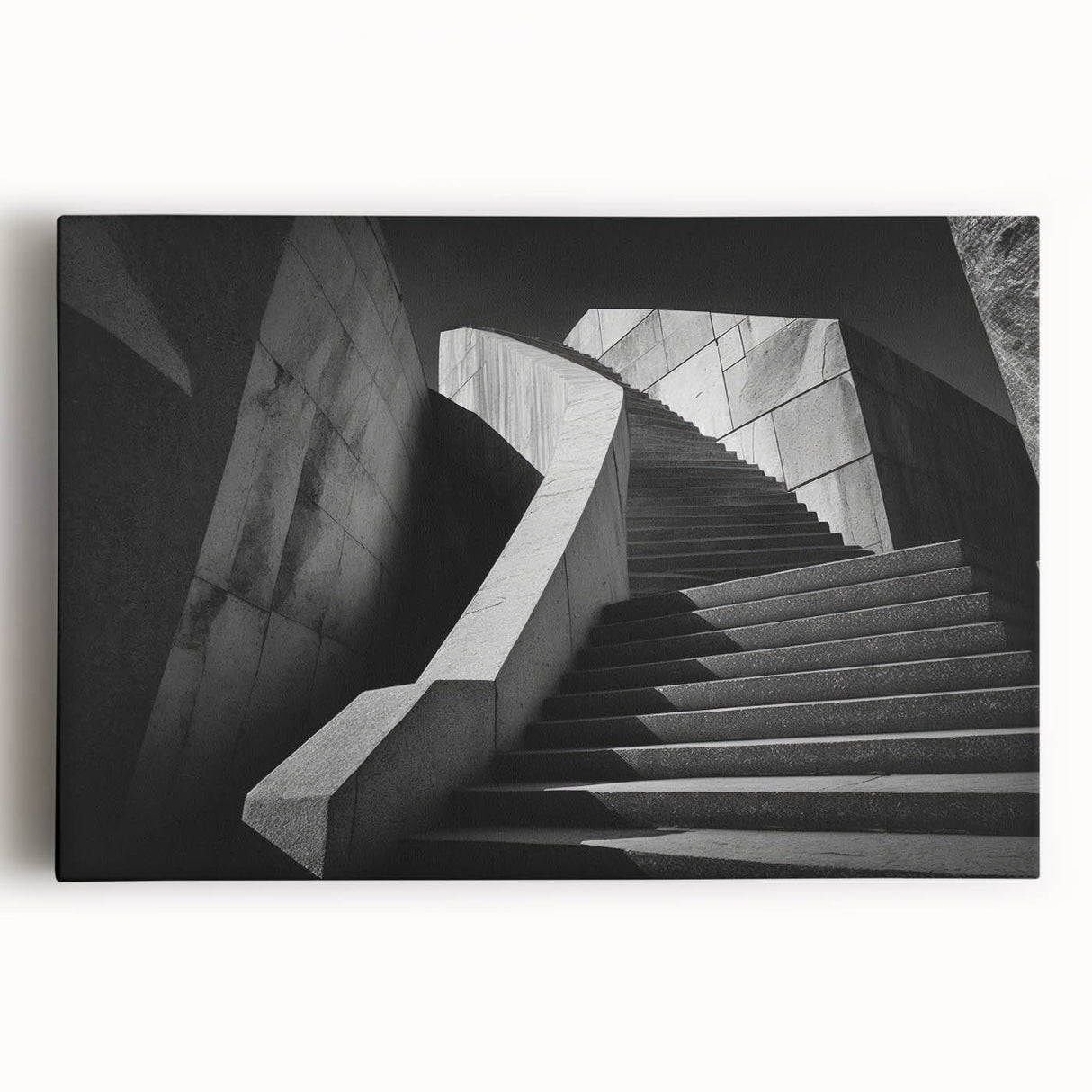 Black and white photograph of a spiral staircase on stretched canvas, ideal for kitchen wall art.