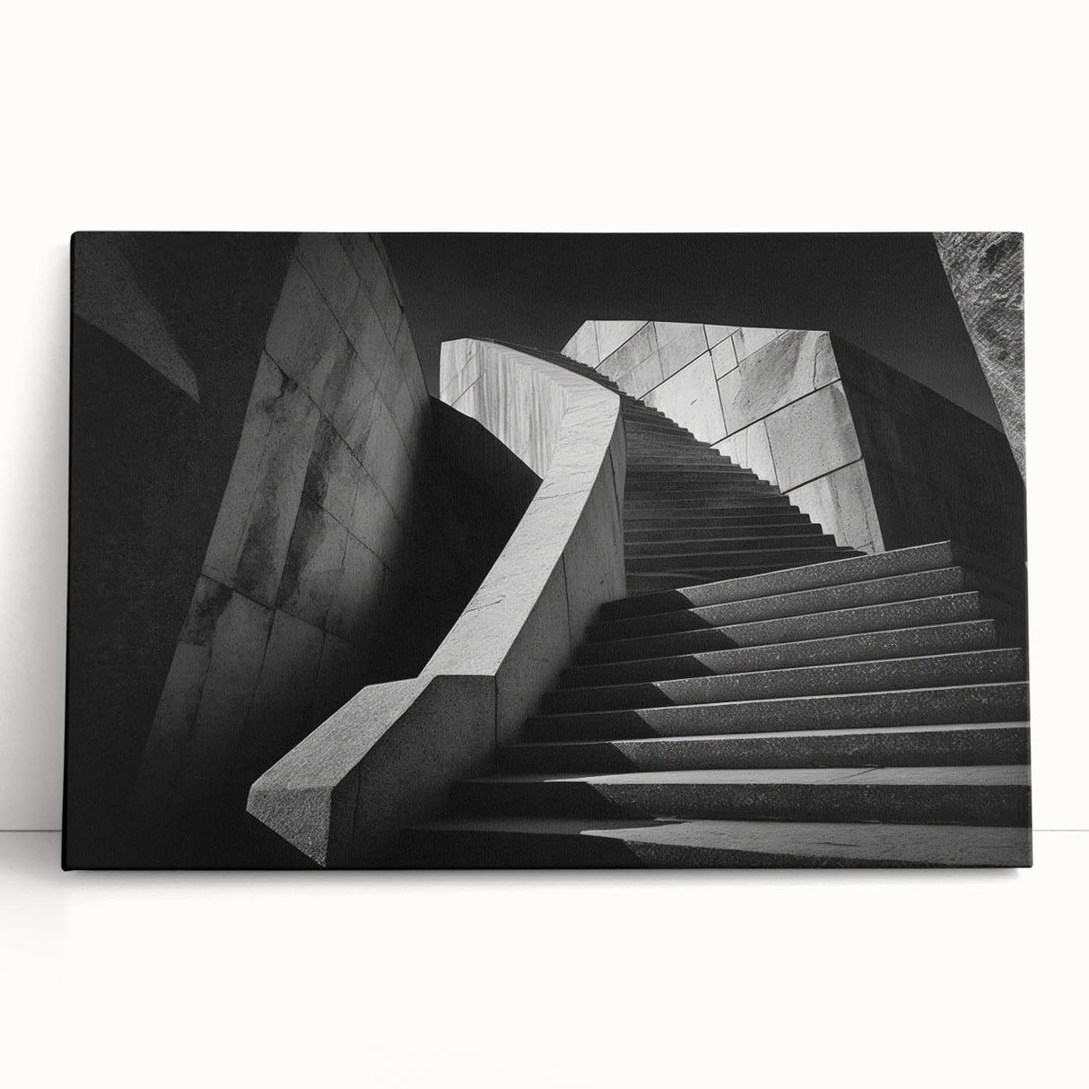 Black and white photograph of a spiral staircase on stretched canvas, ideal for kitchen wall art or bedroom ambiance.