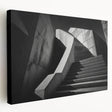 Spiral staircase in black and white on stretched canvas, suitable for kitchen wall art.