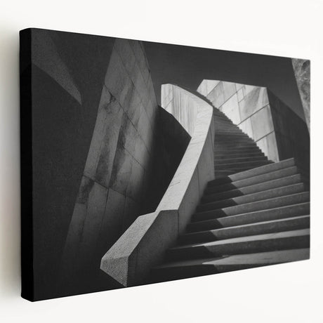 Spiral staircase in black and white on stretched canvas, suitable for kitchen wall art.