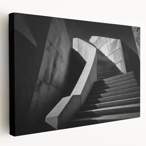 Spiral staircase in black and white on stretched canvas, suitable for kitchen wall art.