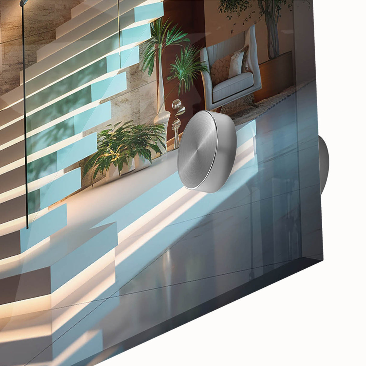 Mid-century modernist large abstract wall art of a spiral staircase in muted earth tones, acrylic glass.