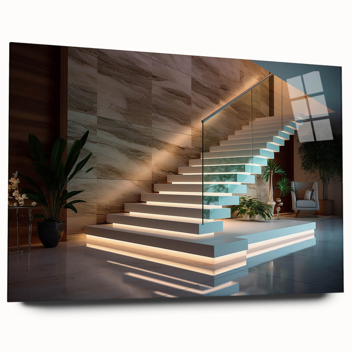 Side view of a large abstract wall art featuring a monochrome architectural staircase design on acrylic glass.