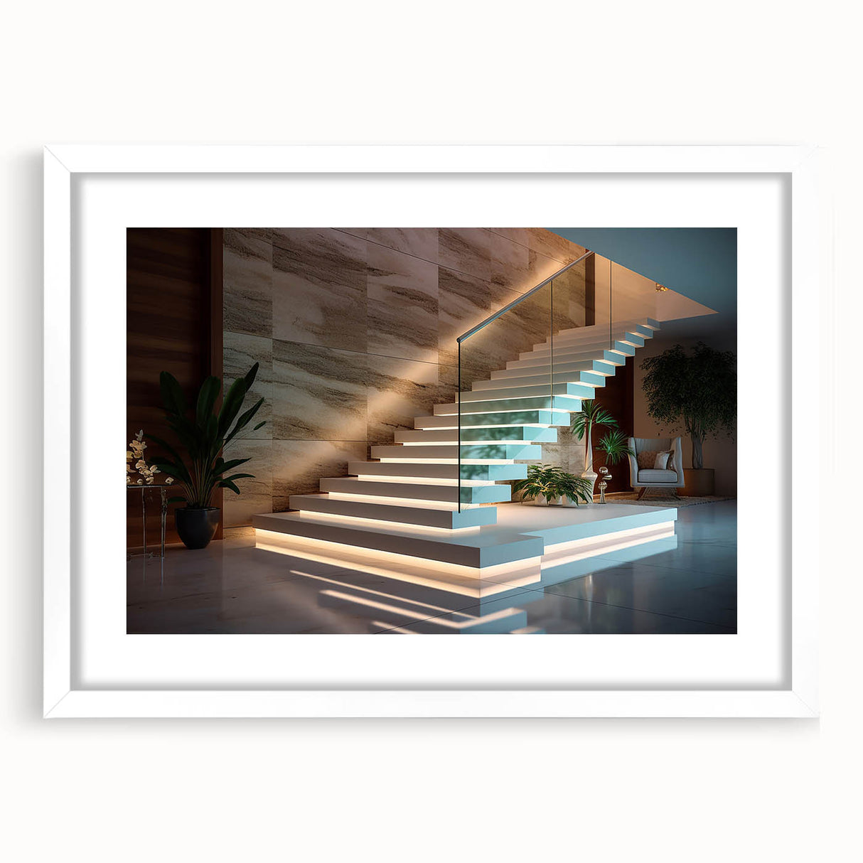 Abstract art print of a spiral staircase in monochrome, displayed in a white frame with mat.