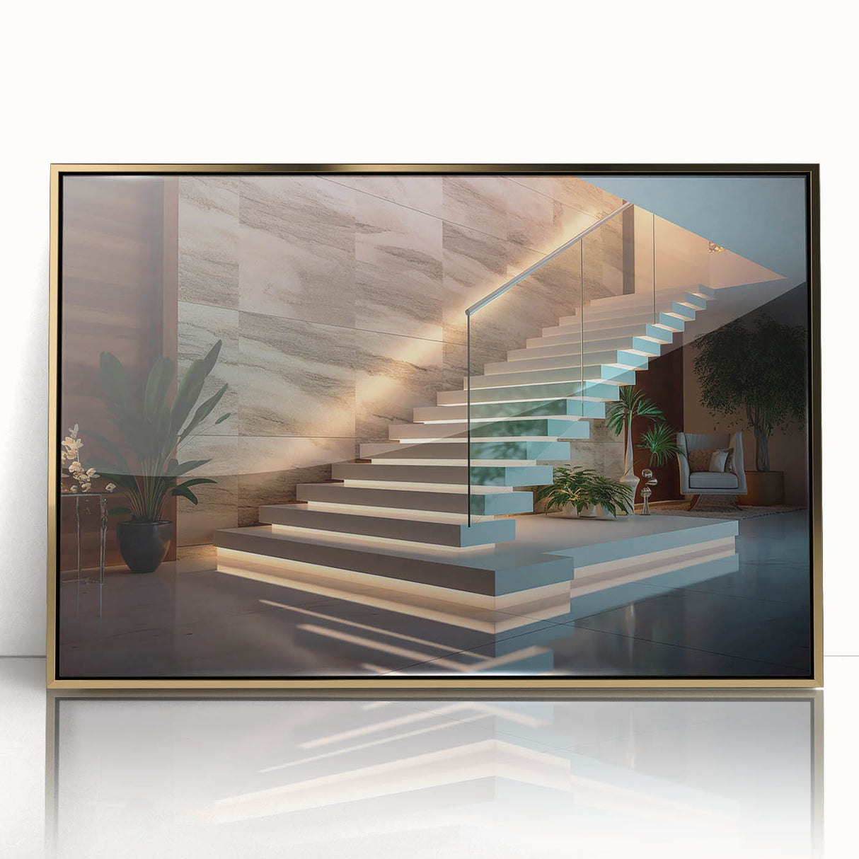 Mid-century modernist staircase design in gold and black on a framed acrylic print, suitable for modern art wall decor.
