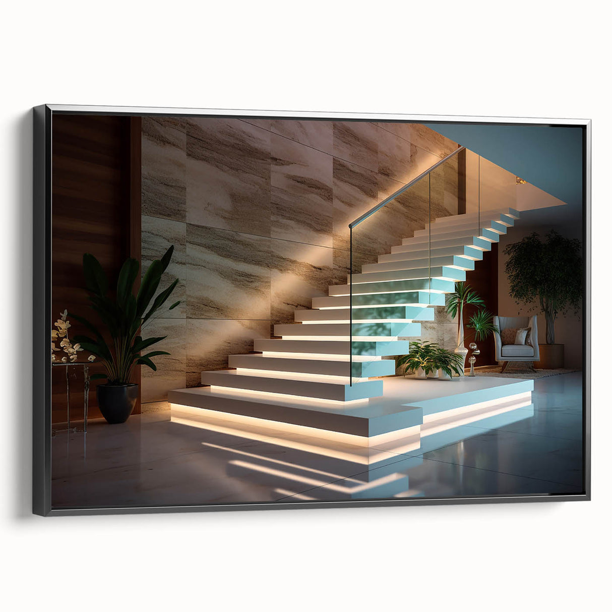 Black and white framed canvas featuring a spiral staircase, ideal for bedroom wall art in a vintage style.