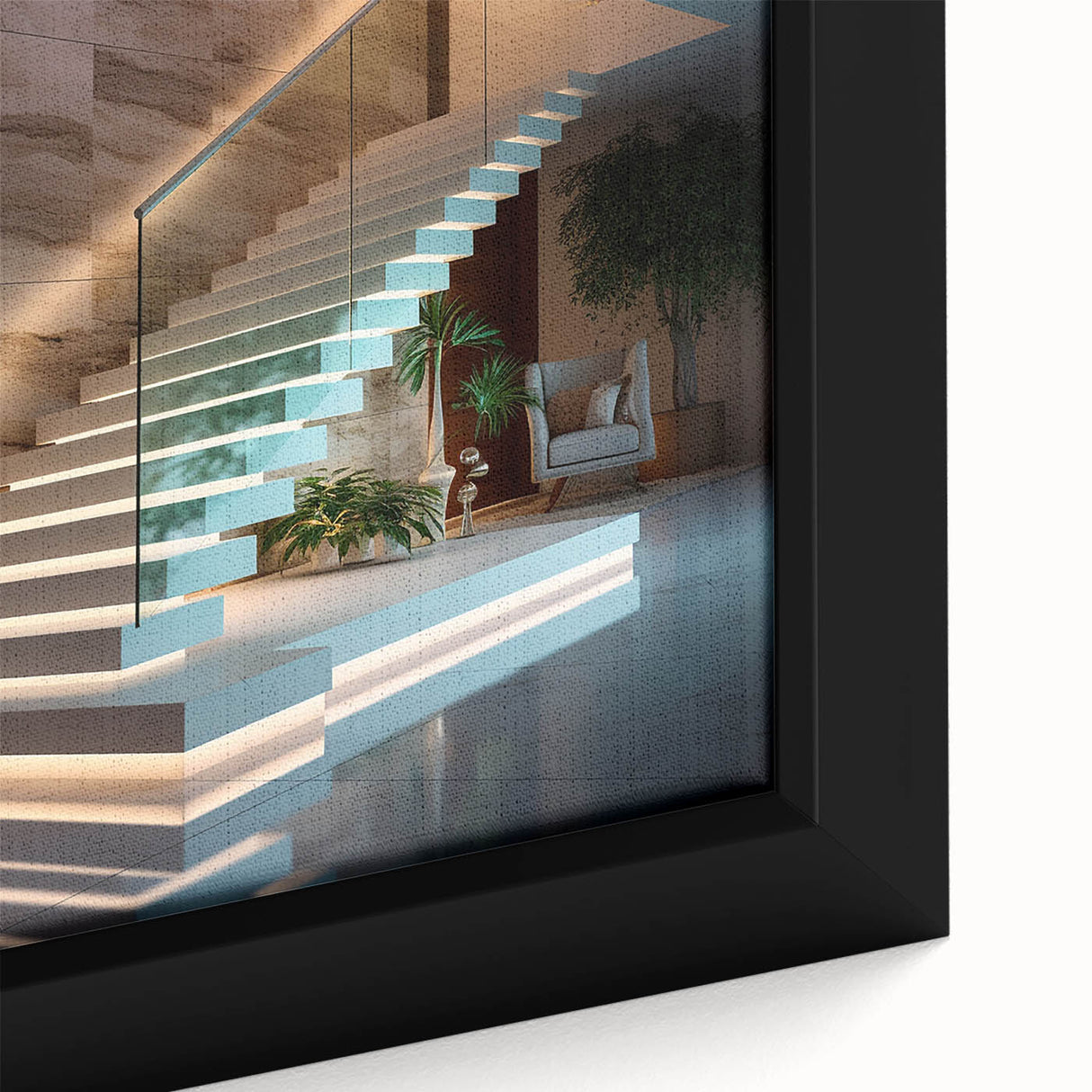 Black and colorful textured art of a spiral staircase on an extra large framed canvas, ideal for living room decor.