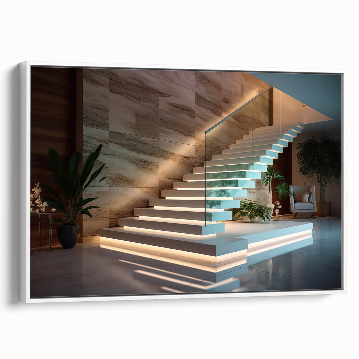 Vintage poster art of a spiral staircase in black and white, framed canvas, ideal for modern living room decor.