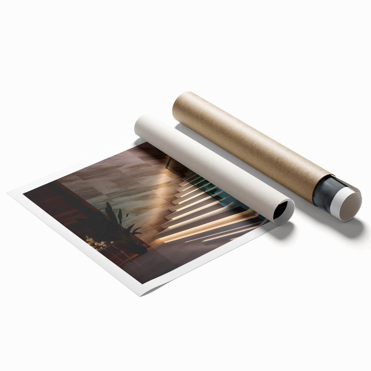 Extra large rolled print of a spiral staircase in monochrome, ideal for classy bathroom wall art.