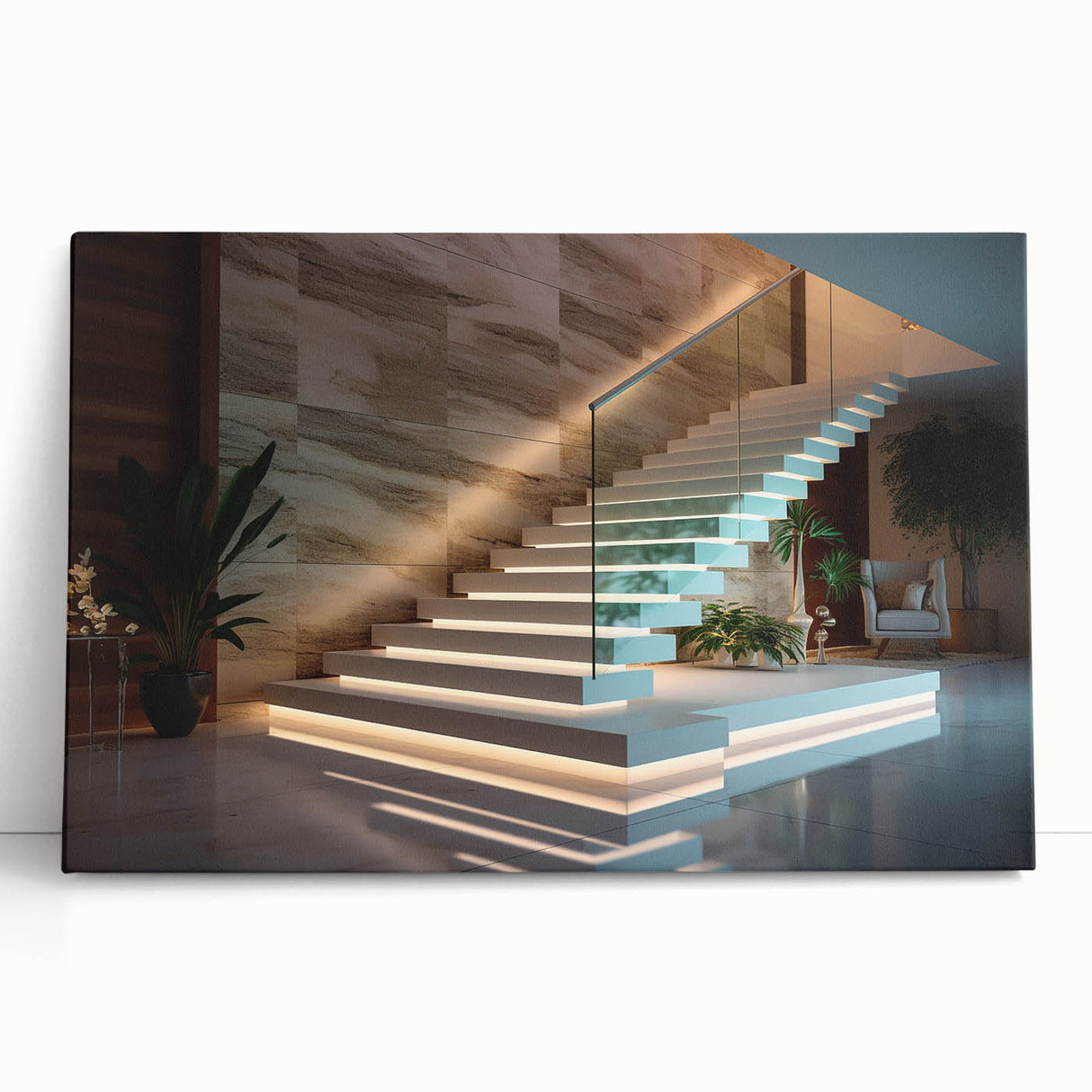 Black and white photo of a spiral staircase on stretched canvas, suitable for kitchen wall art or bedroom.