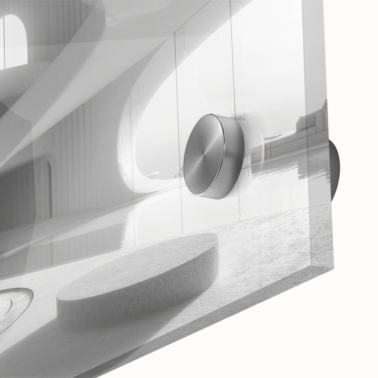 Abstract spiral staircase in muted gray, acrylic print, mid-century modernist style, ideal for dining room art.