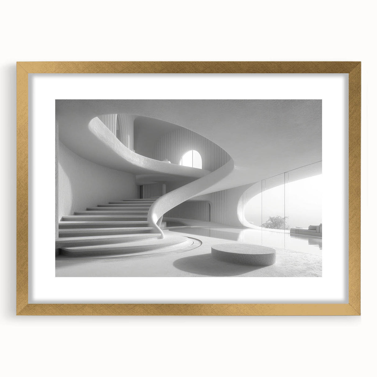 Abstract art print of a textured staircase design in muted earth tones on a large framed canvas, ideal for living room decor.