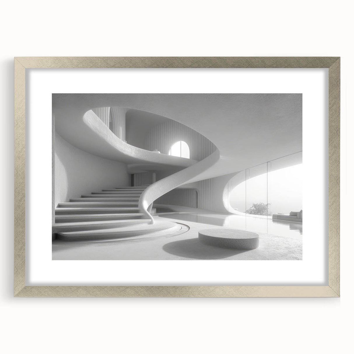 Textured abstract art print of a spiral staircase in muted gray tones, framed in silver, suitable for bedroom decor.