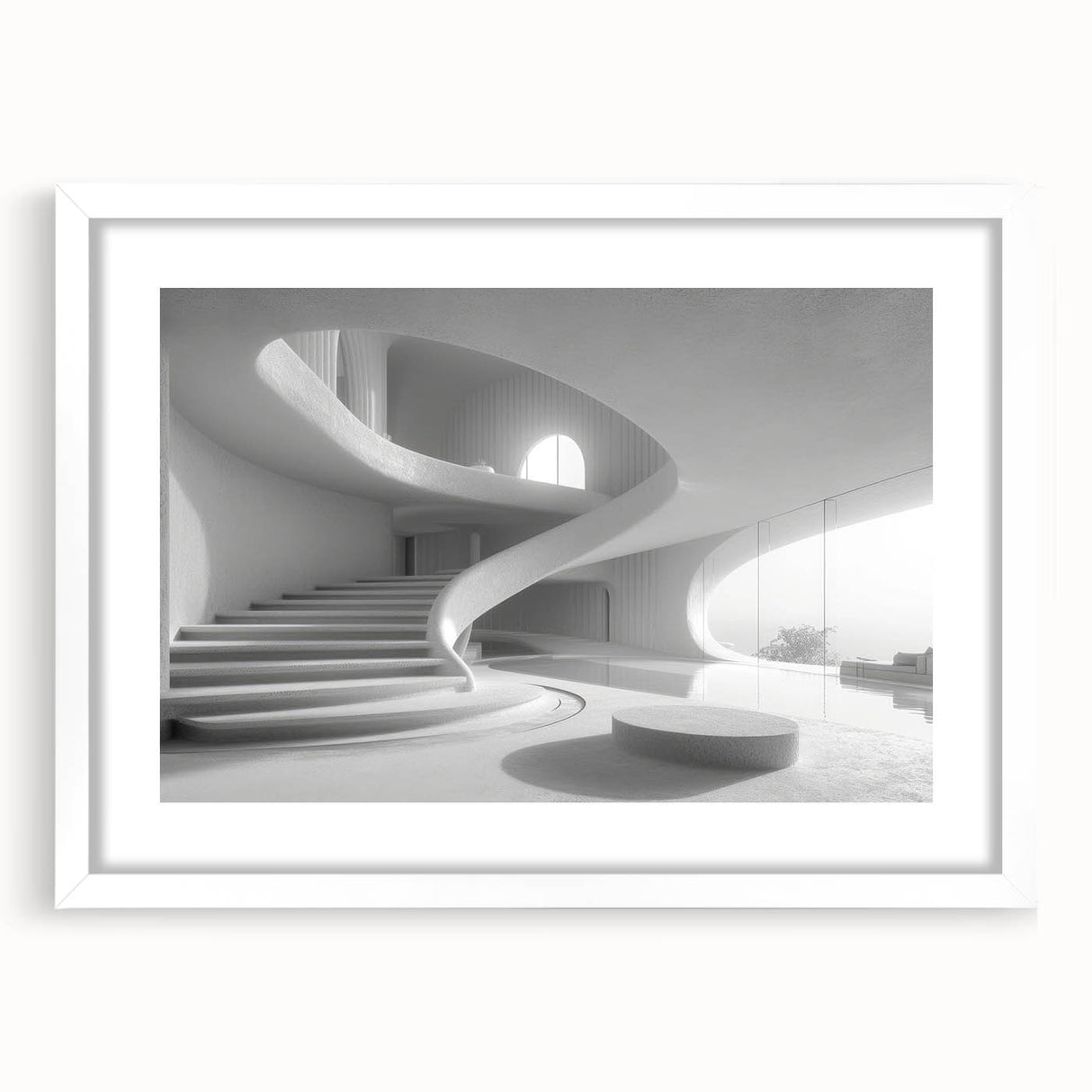 Abstract art print of a spiral staircase in monochrome, framed in white, suitable for dining room or bedroom decor.
