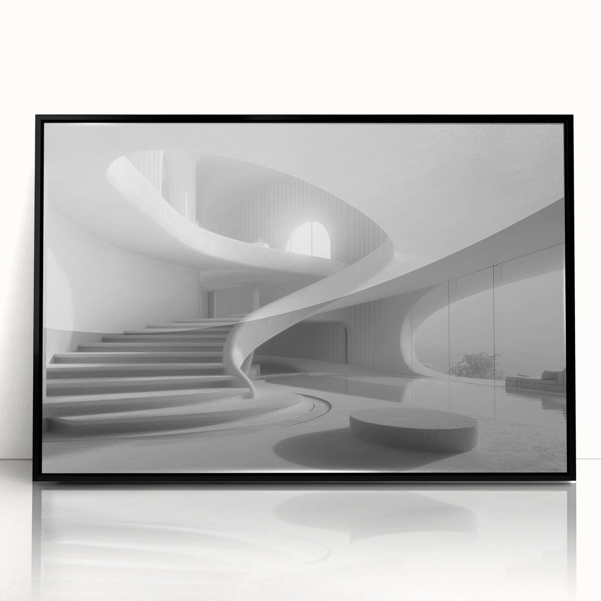 Large abstract wall art featuring a spiral staircase in black and white, framed in acrylic.