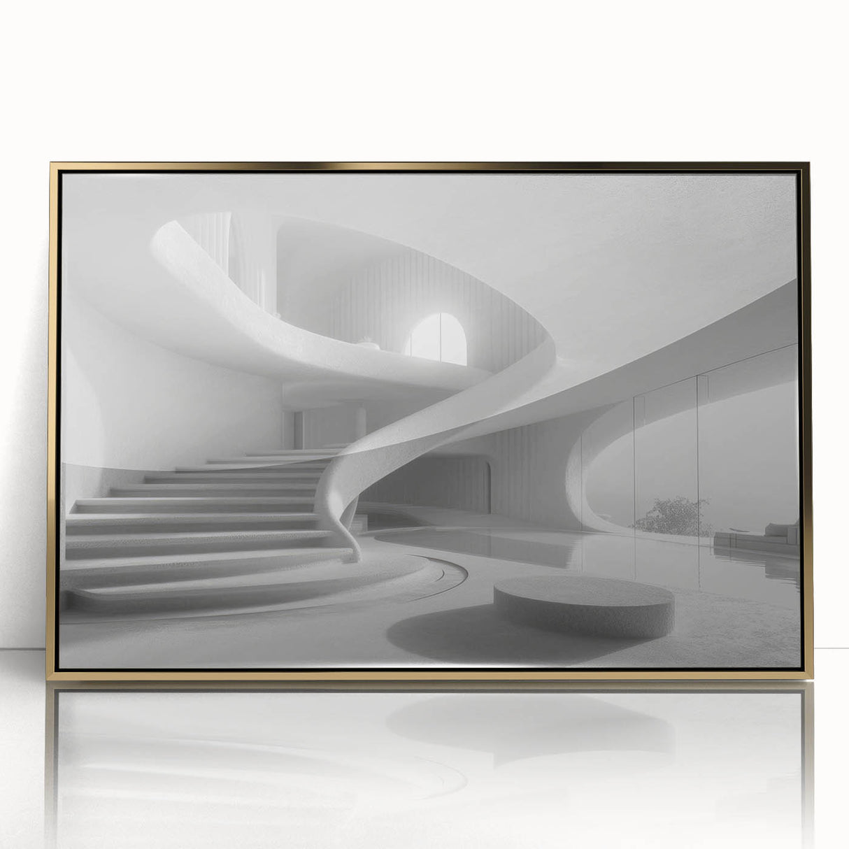 Mid-century modernist spiral staircase in muted gold tones on a framed acrylic, ideal for modern art wall decor.