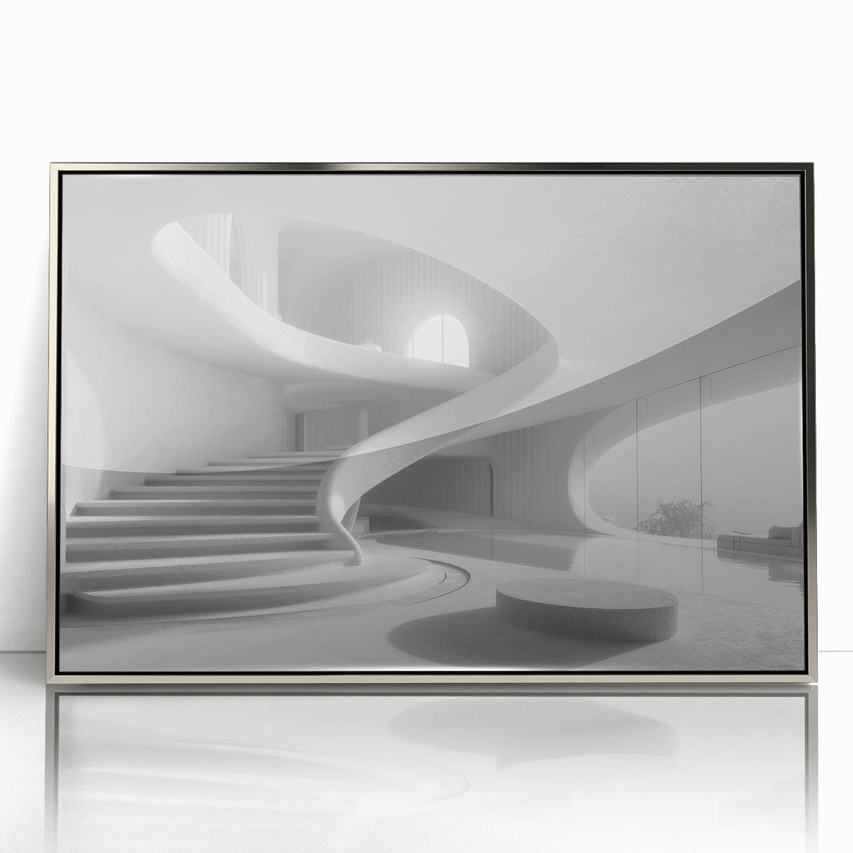 Mid-century modernist staircase design in silver acrylic frame, ideal for modern art wall decor.