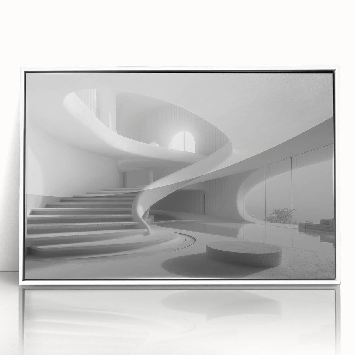 Art deco poster featuring a geometric staircase design in black and white, acrylic framed, ideal for modern art wall decor.