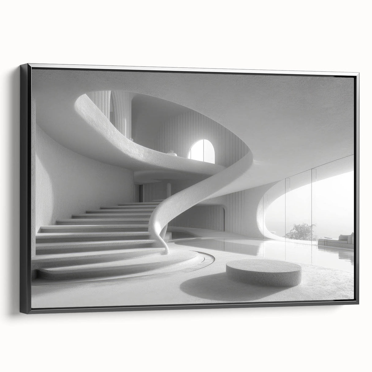 Black and white framed canvas featuring a spiral staircase design in a vintage poster art style.