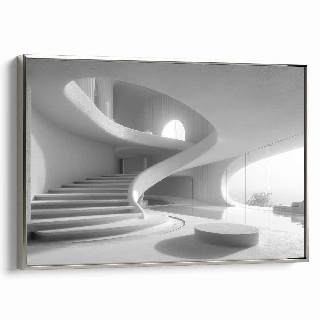 Framed canvas featuring a monochrome vintage poster art of a spiral staircase, ideal for modern living room decor.