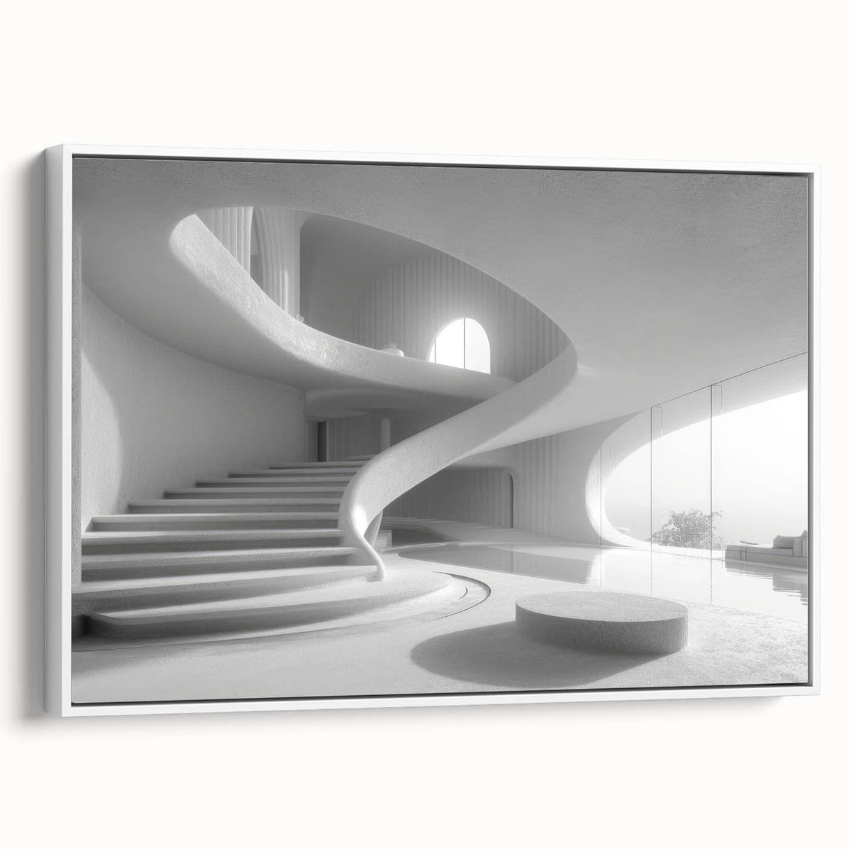 Vintage poster art of a spiral staircase in black and white, framed canvas, ideal for living room decor.